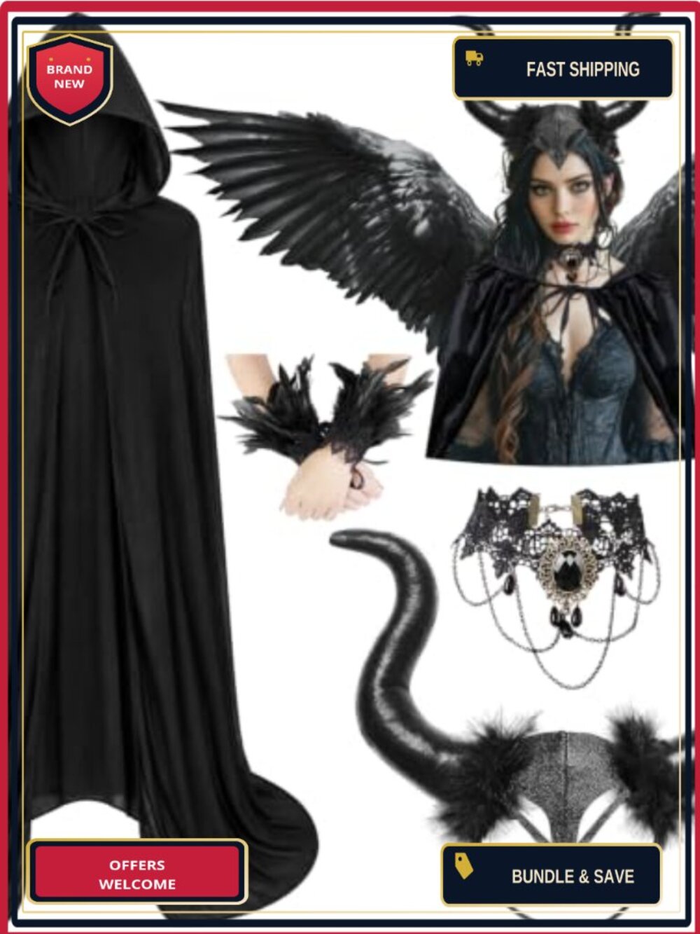 Women's Dark Witch Costume Set Hooded Cape Horn Headband Lace Choker